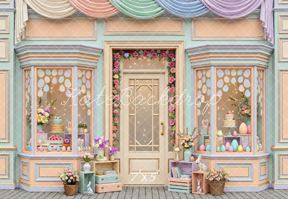 Kate Easter Bunny Pastel Storefront Flower Arch Printed Backdrop Designed by Mini MakeBelieve
