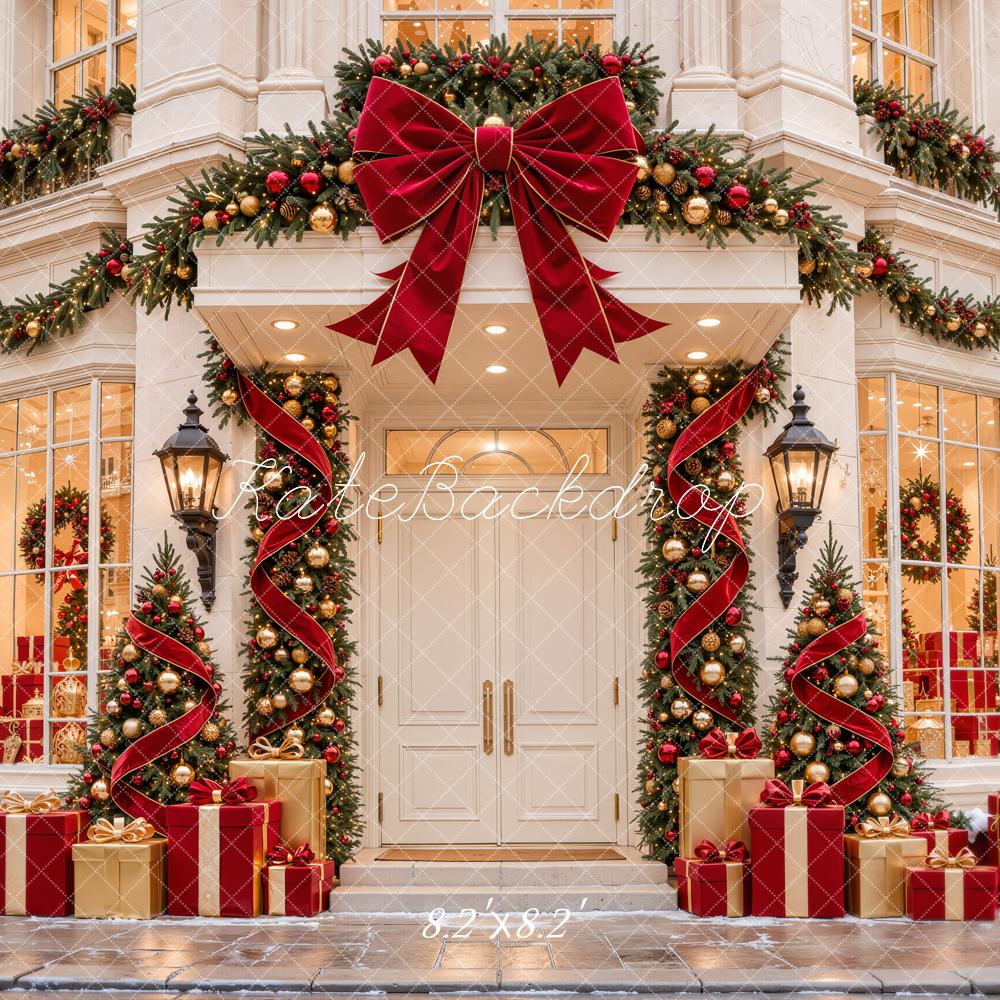 Kate Christmas Red Storefront Garland Bow Gift Boxes Printed Backdrop Designed by Emetselch