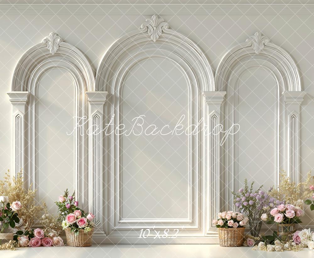 Kate White Arch Wall Flower Arrangement Printed Backdrop Designed by Mini MakeBelieve
