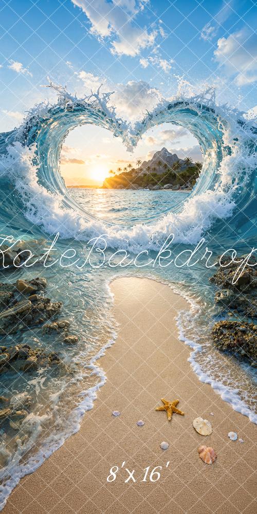 Kate Sweep Summer Beach Blue Ocean Wave Heart Wave Sunset Printed Backdrop Designed by Ashley Ward