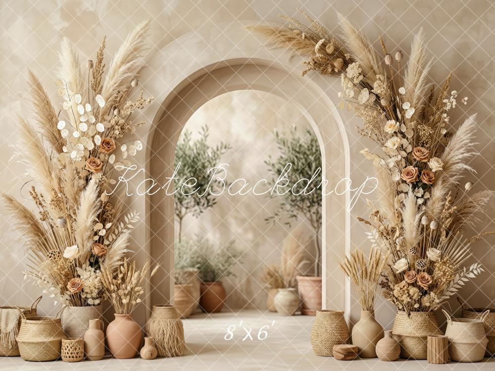 Kate Boho Flower Arch Pampas Grass Vases Beige Printed Backdrop Designed by Patty Roberts