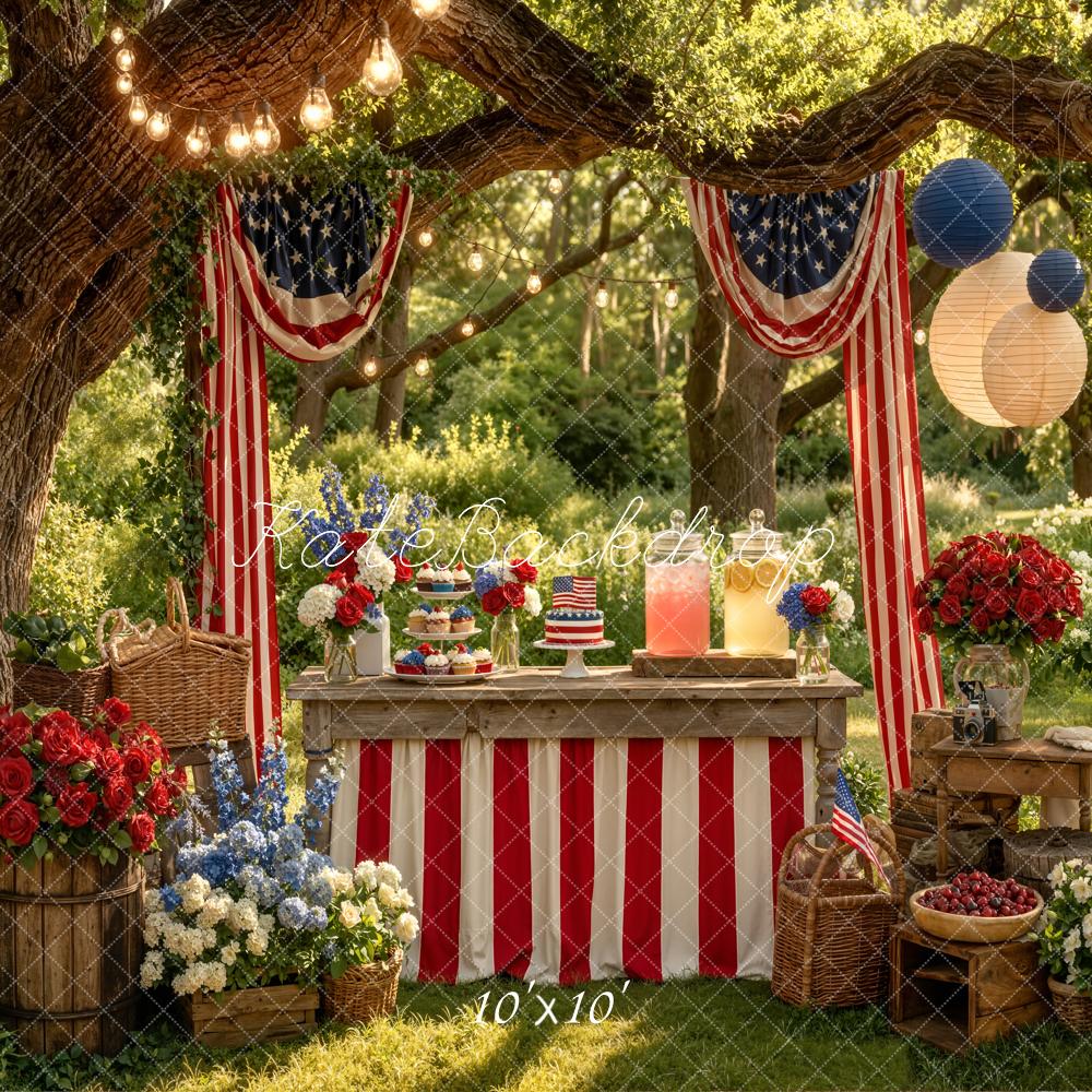 Kate Independence Day Patriotic Picnic Table Red White Blue Flowers American Flags Printed Backdrop Designed by Emetselch