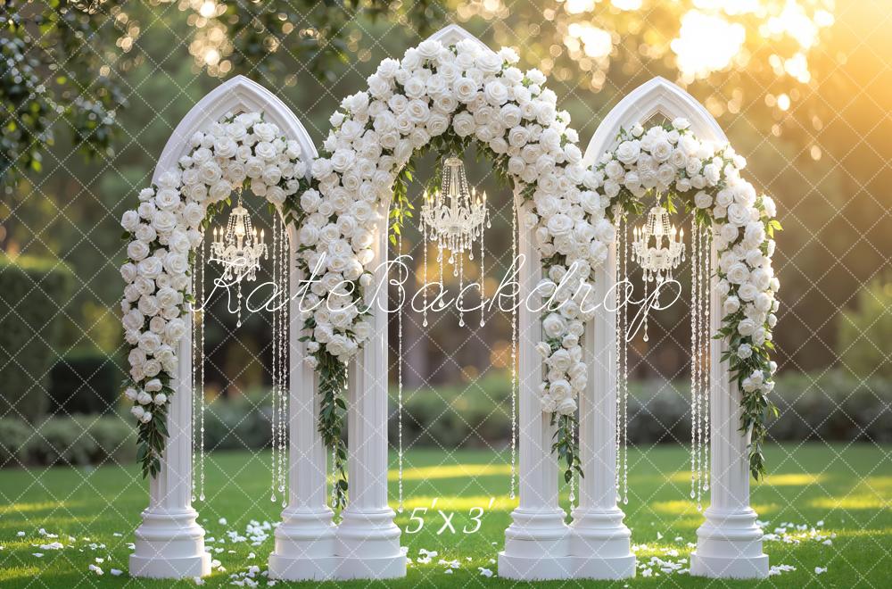 Kate Spring Flower Arch White Roses Chandelier Columns Backdrop Designed by Mini MakeBelieve