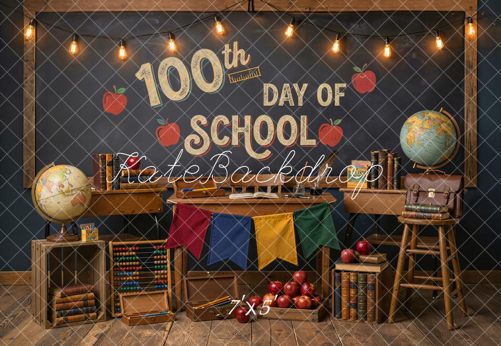 Kate 100th day of school Classroom Desk Books Apples Globe Chalkboard Printed Backdrop Designed by Emetselch