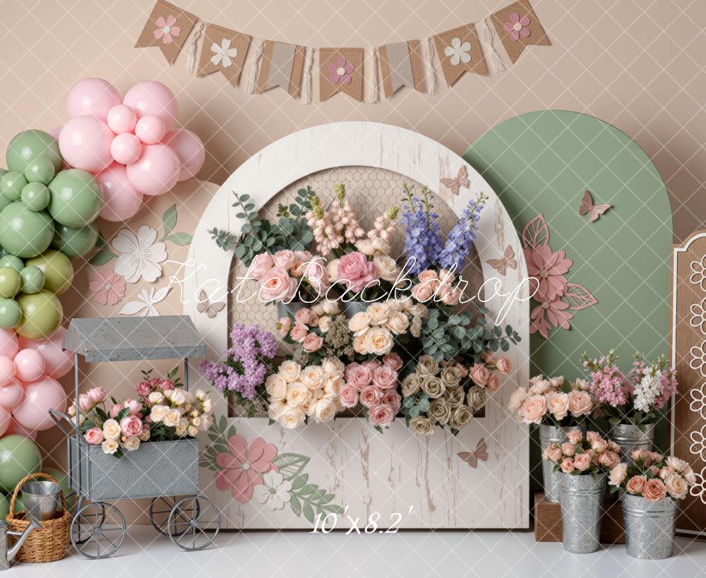 Kate Cake Smash Flower Arch Pastel Balloons Floral Bunting Printed Backdrop Designed by Mini MakeBelieve