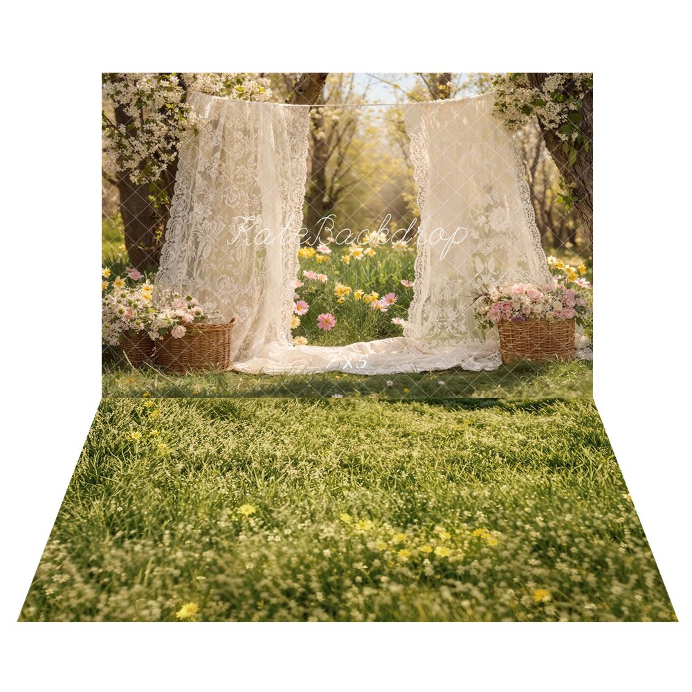 Kate Mother's Day Lace Curtains Flower Baskets Garden Printed Backdrop+Green Grass Meadow Printed Backdrop