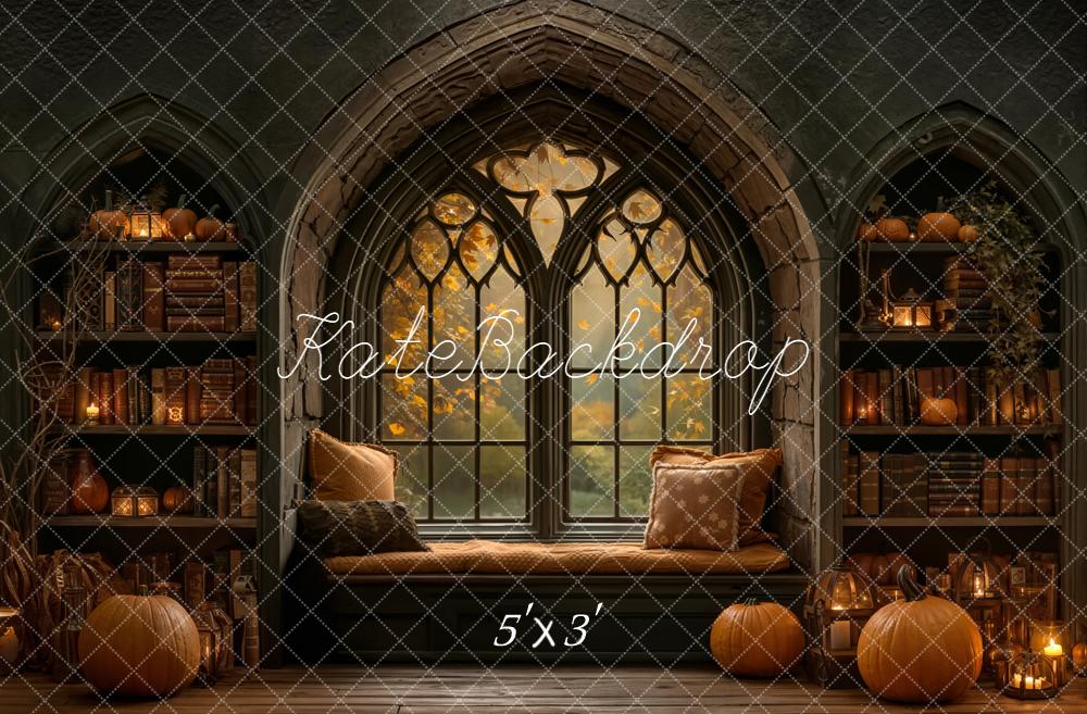 Kate Halloween Gothic Window Pumpkin Bookshelves Backdrop Designed by Emetselch