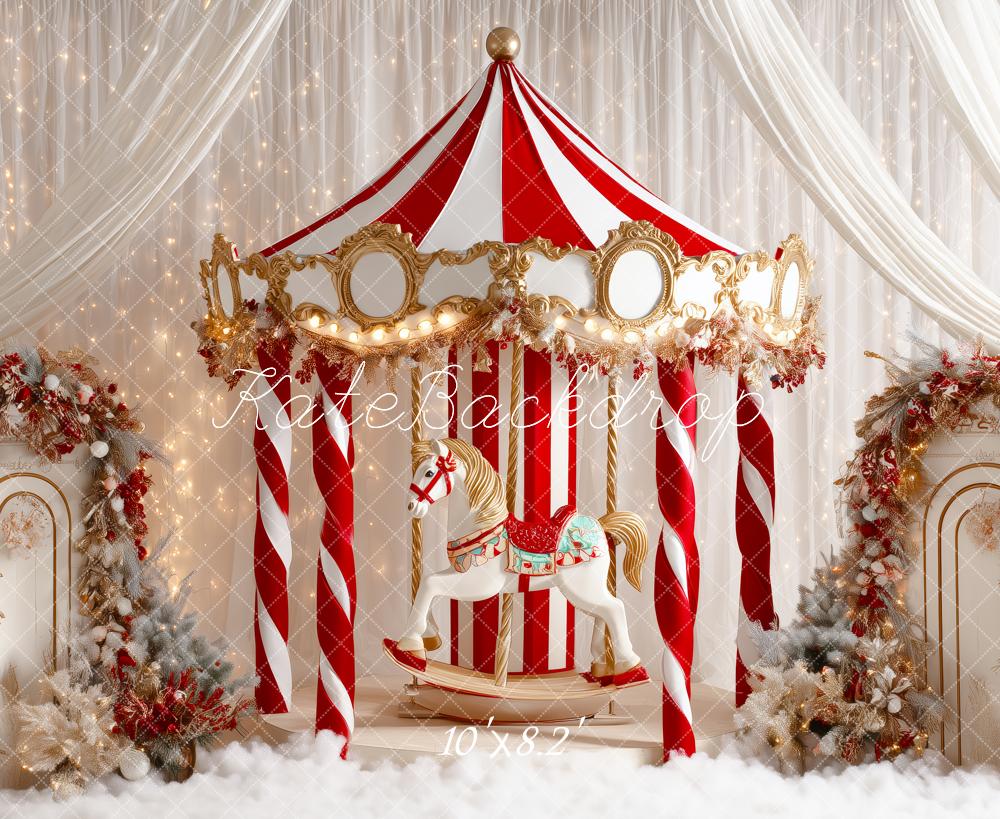 Kate Christmas Circus Carousel White Drapes Backdrop Designed by Patty Roberts