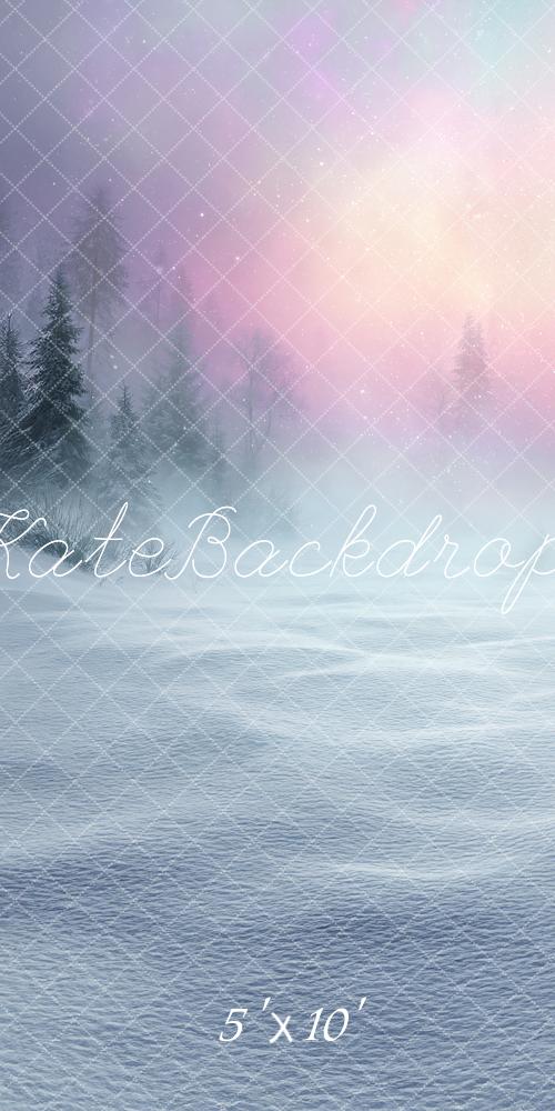 Kate Sweep Winter Snowy Forest Aurora Pastel Sky Printed Backdrop Designed by Angela Miller