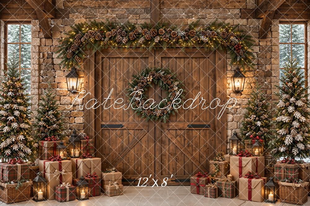 Kate Christmas Rustic Wood Barn Door Pine Trees Gifts Printed Backdrop Designed by Emetselch