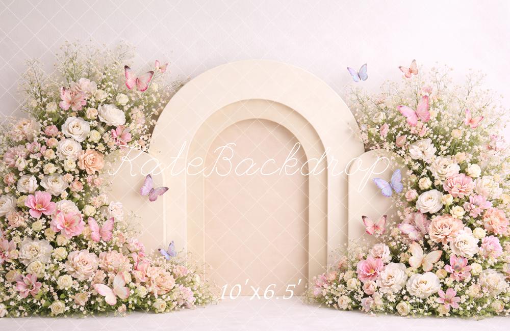 Kate Flower Arch Cream Arch Pastel Butterflies Printed Backdrop Designed by Caitlin Lynch