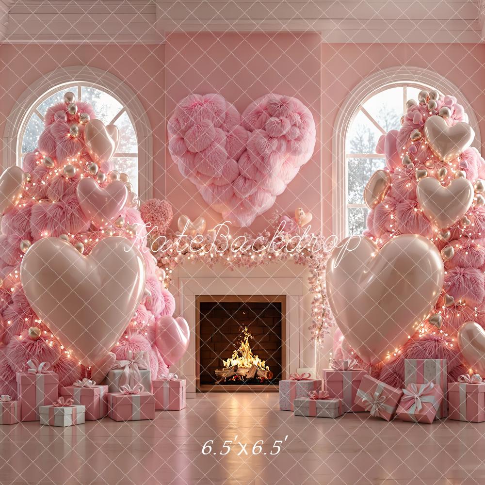 Kate Valentine's Day Plush Pink Trees Heart Fireplace Backdrop Designed by Emetselch