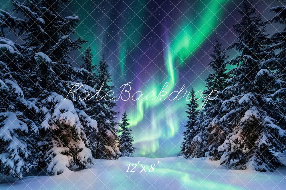 Kate Winter Aurora Borealis Snowy Pine Trees Printed Backdrop Designed by Happy Squirrel Design