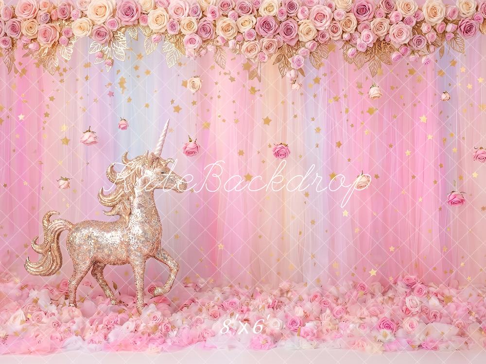 Kate Fantasy Cake Smash Gold Unicorn Pink Rose Curtains Printed Backdrop Designed by Angela Miller