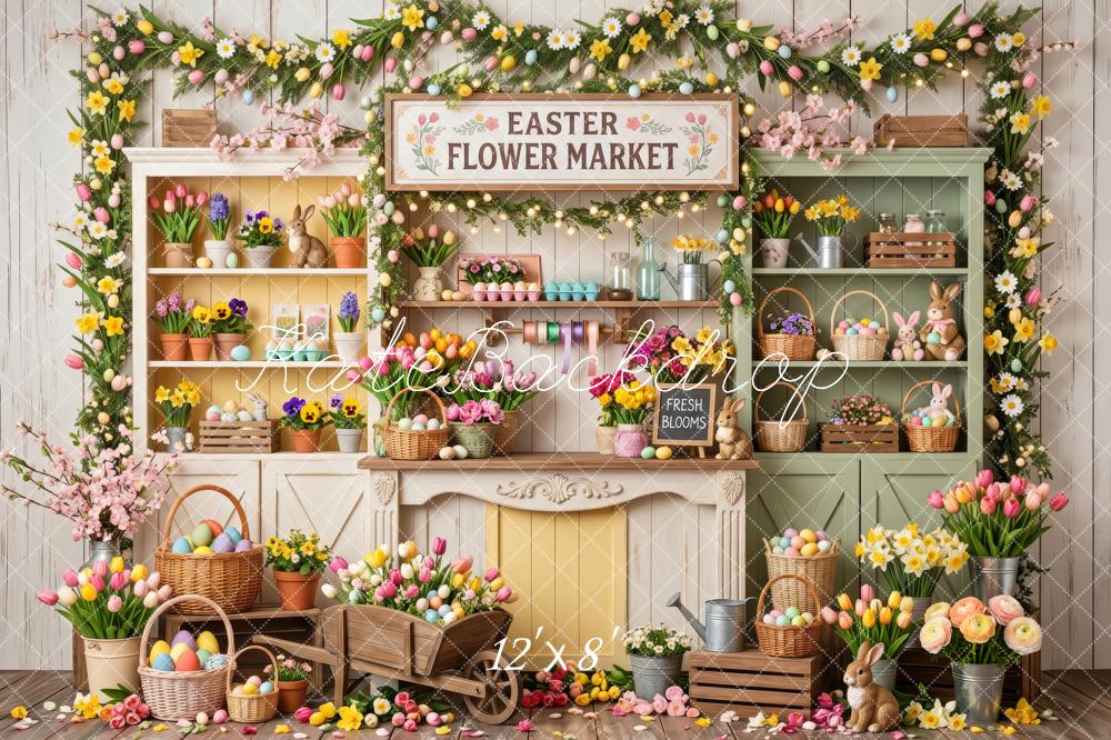 Kate Easter Flower Market Tulips Wood Shelf Eggs Printed Backdrop Designed by Patty Roberts