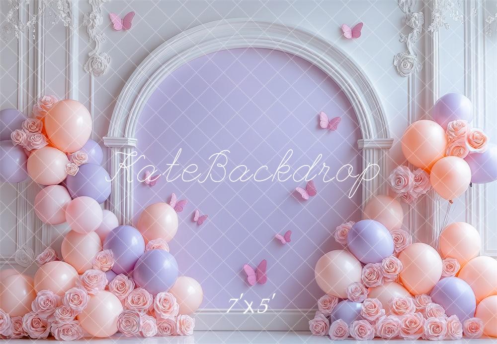 Kate Purple Pastel Balloons Floral Arch Backdrop Designed by Mini MakeBelieve