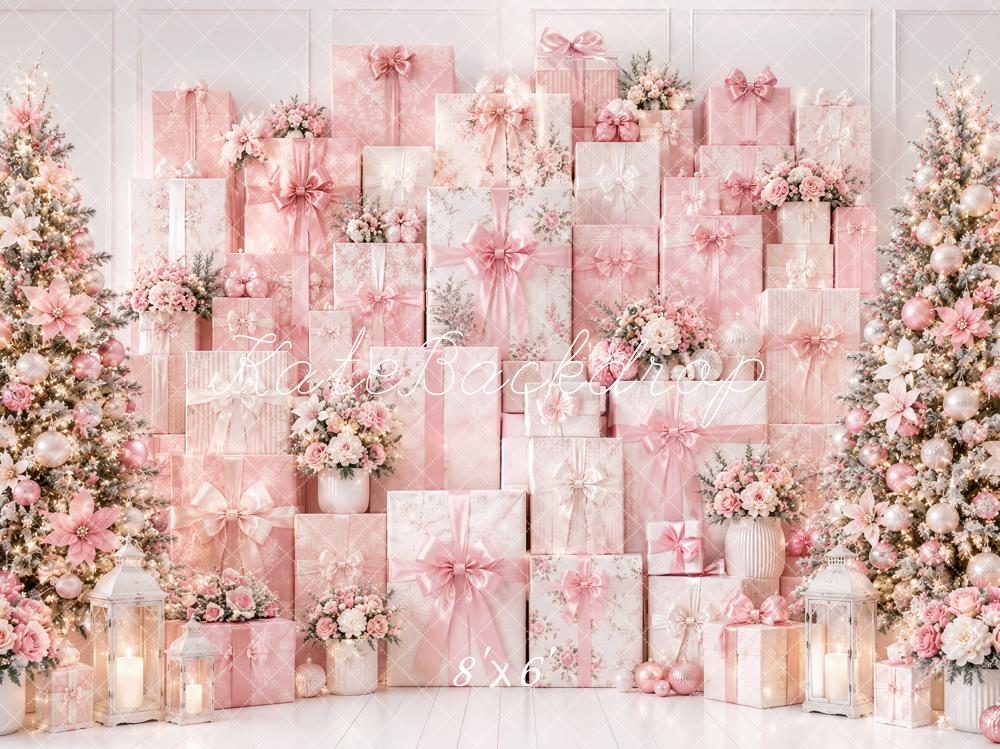 Kate Christmas Pink Gifts Wall Floral Trees Printed Backdrop Designed by Ashley Paul
