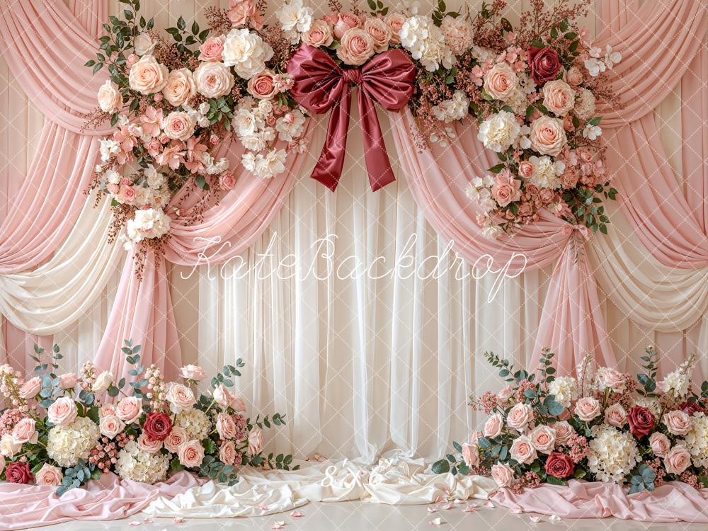 Kate Mother's Day Flower Arch Pink Drapes Roses Bow Printed Backdrop Designed by Emetselch
