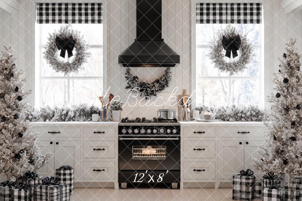 Kate Christmas Kitchen Black White Trees Wreaths Gifts Backdrop Designed by Ashley Paul