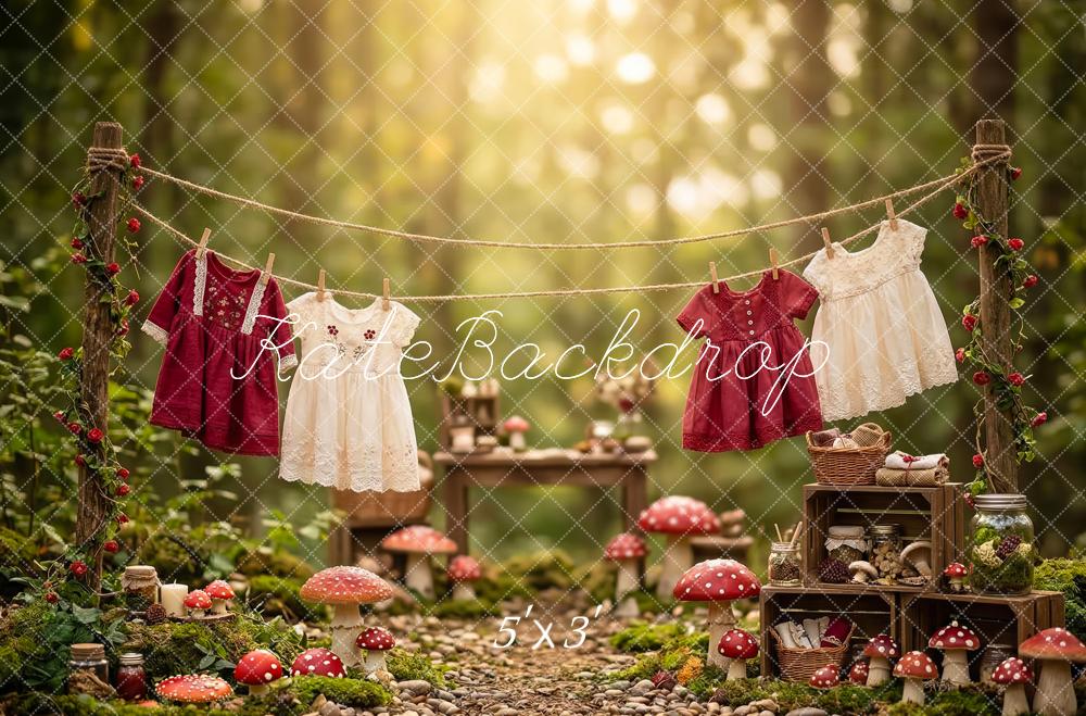 Kate Forest Clothesline Mushrooms Picnic Dress Printed Backdrop Designed by Patty Roberts