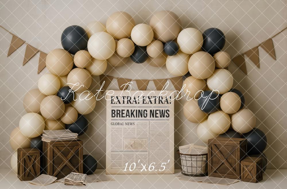 Kate Cake Smash Newspaper Balloon Arch Printed Backdrop Designed by Mini MakeBelieve