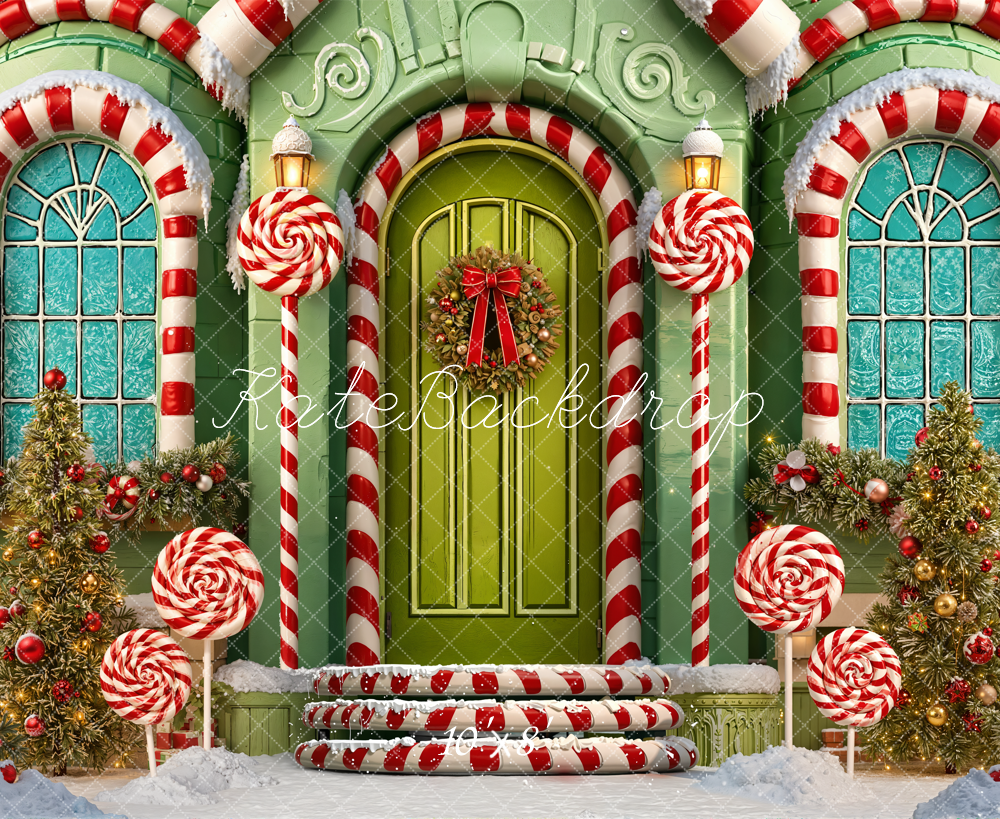 Kate Christmas Candy Cane House Green Door Lollipop Snow Backdrop Designed by Emetselch