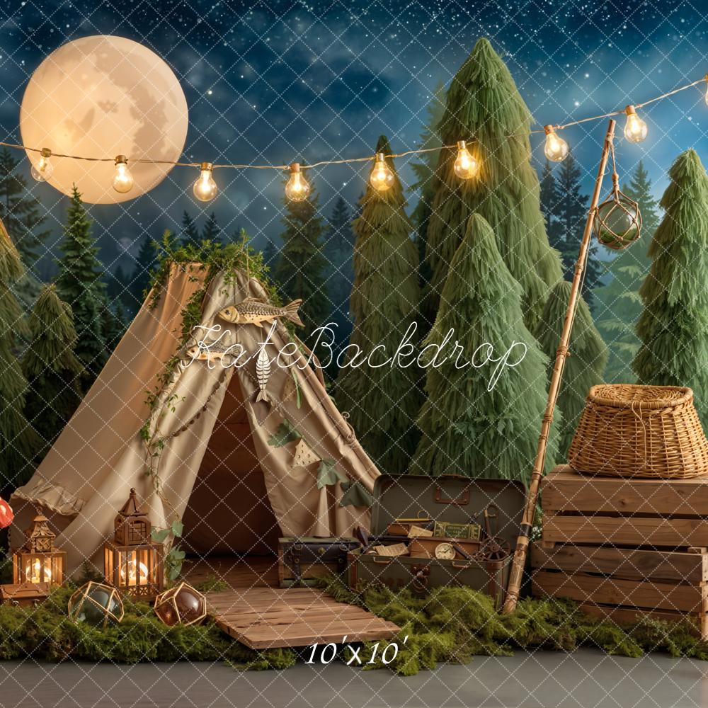 Kate Forest Tent Campfire Lantern Night Sky Printed Backdrop Designed by Emetselch