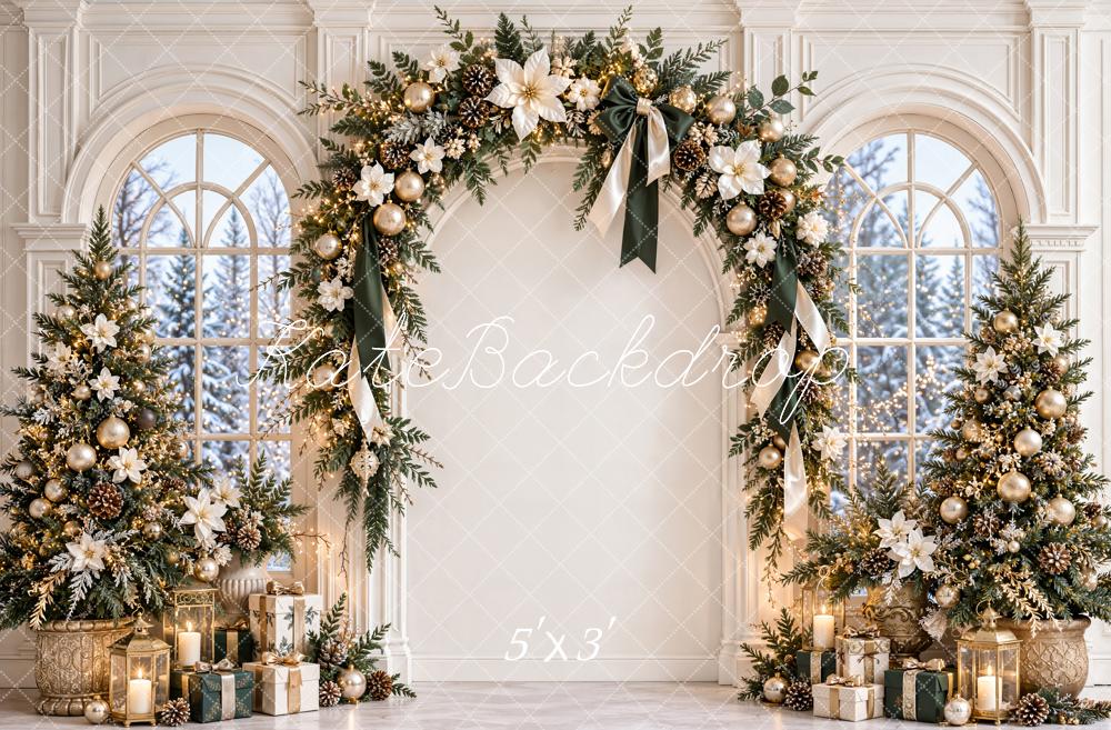 Kate Christmas Trees White Flower Arch Windows Poinsettias Printed Backdrop Designed by Emetselch