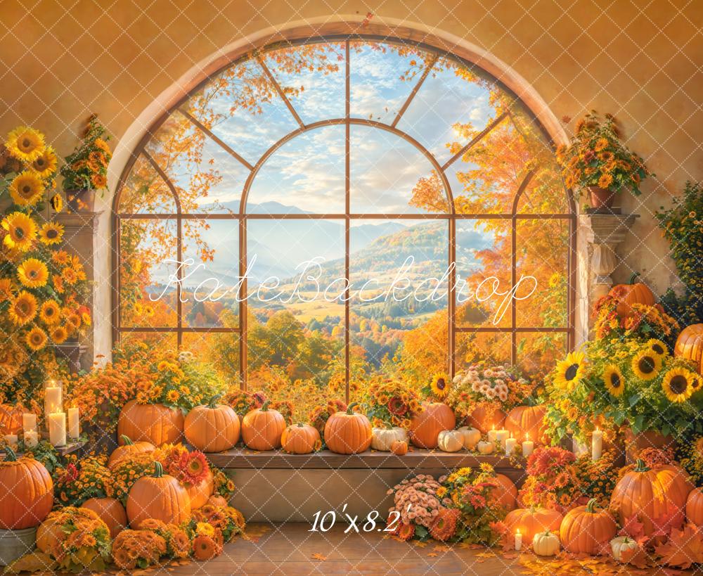 Fondo de Ventana Arqueada de Calabaza de Otoño y Girasol Diseñado por Emetselch