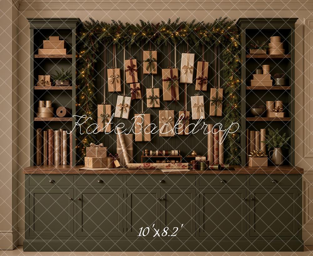 Kate Christmas Gift Garland Cabinet Green Printed Backdrop Designed by Ashley Ward