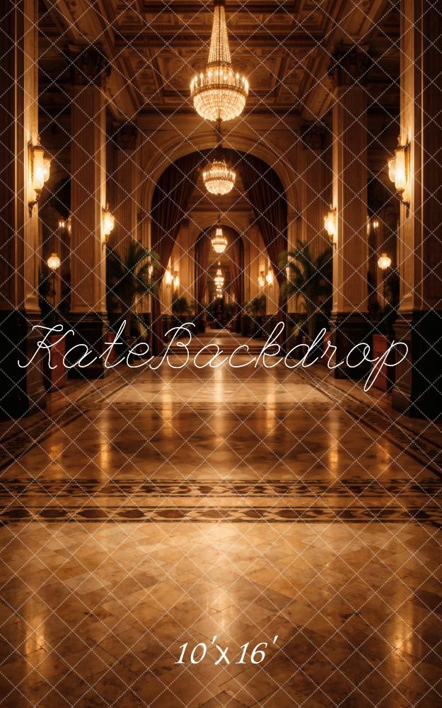 Kate Sweep Grand Hallway Chandeliers Marble Floor Printed Backdrop Designed by Vertigo Productions