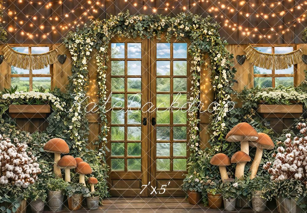 Kate Spring Mushroom Garland Fairy Lights Rustic Cottage Printed Backdrop Designed by Mini MakeBelieve