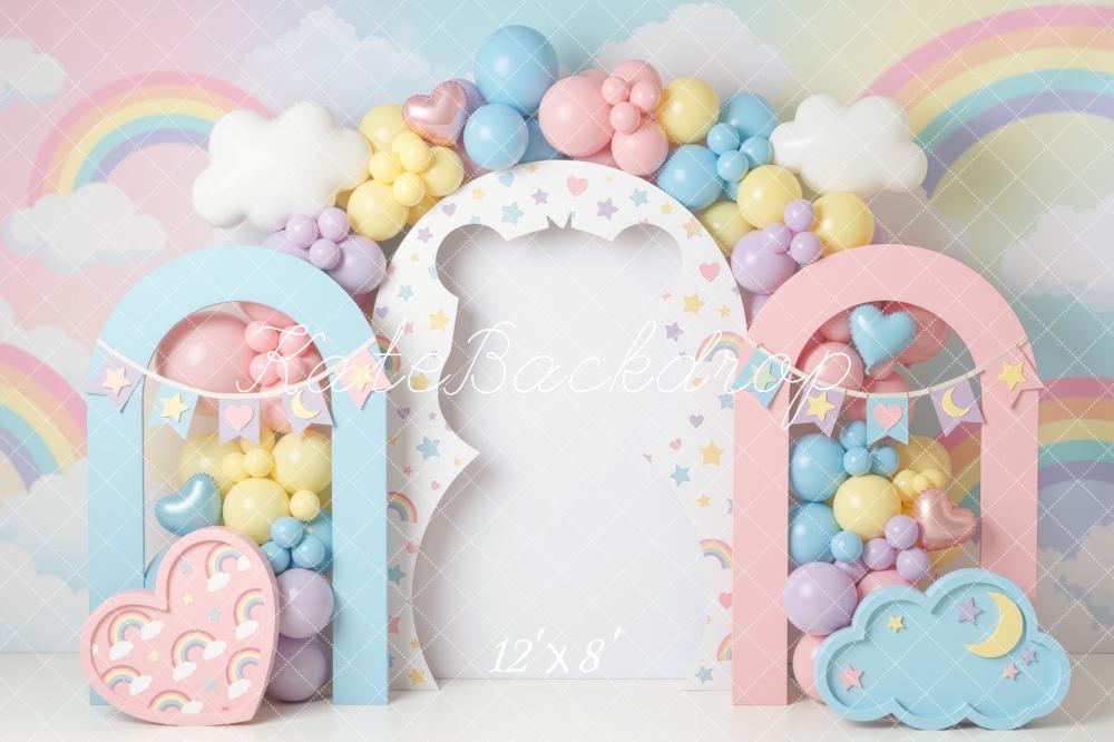 Kate Cake Smash Pastel Rainbow Balloon Heart Cloud Arches Printed Backdrop Designed by Mini MakeBelieve