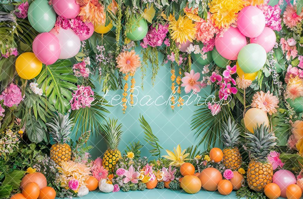 Kate Cake Smash Tropical Fruits Floral Balloon Backdrop Designed by Ashley Paul