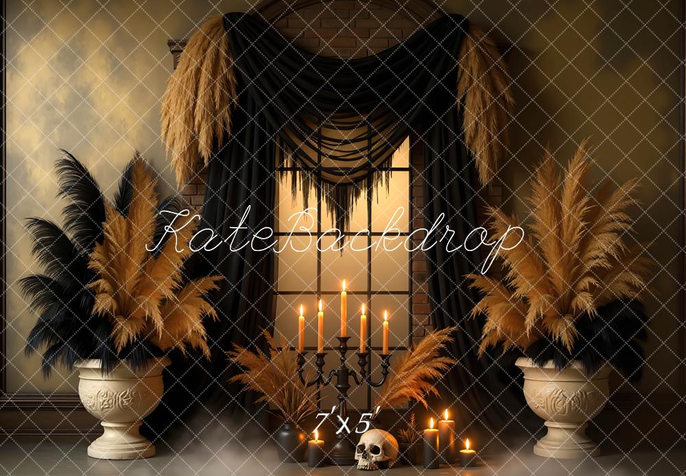 Kate Halloween Boho Pampas Grass Candles Skull Window Backdrop Designed by Mini MakeBelieve
