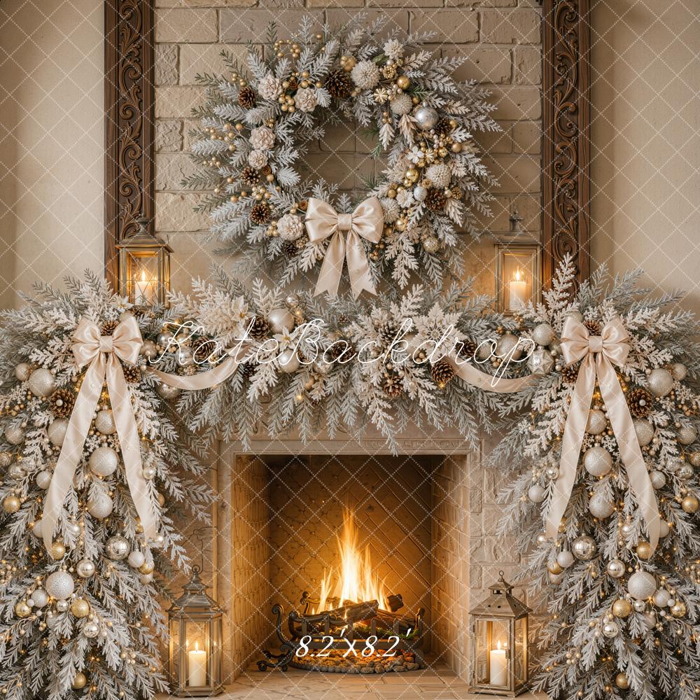 Kate Christmas Fireplace Wreath Garland Lanterns Printed Backdrop Designed by Emetselch