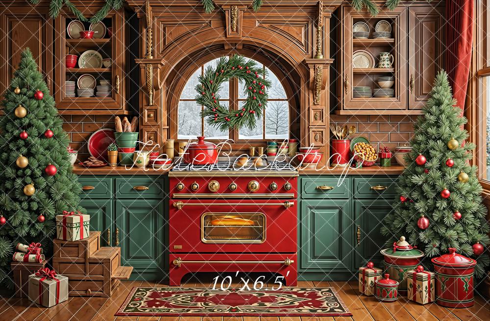 Kate Christmas Kitchen Cabinets Red Oven Wreath Trees Backdrop Designed by Emetselch