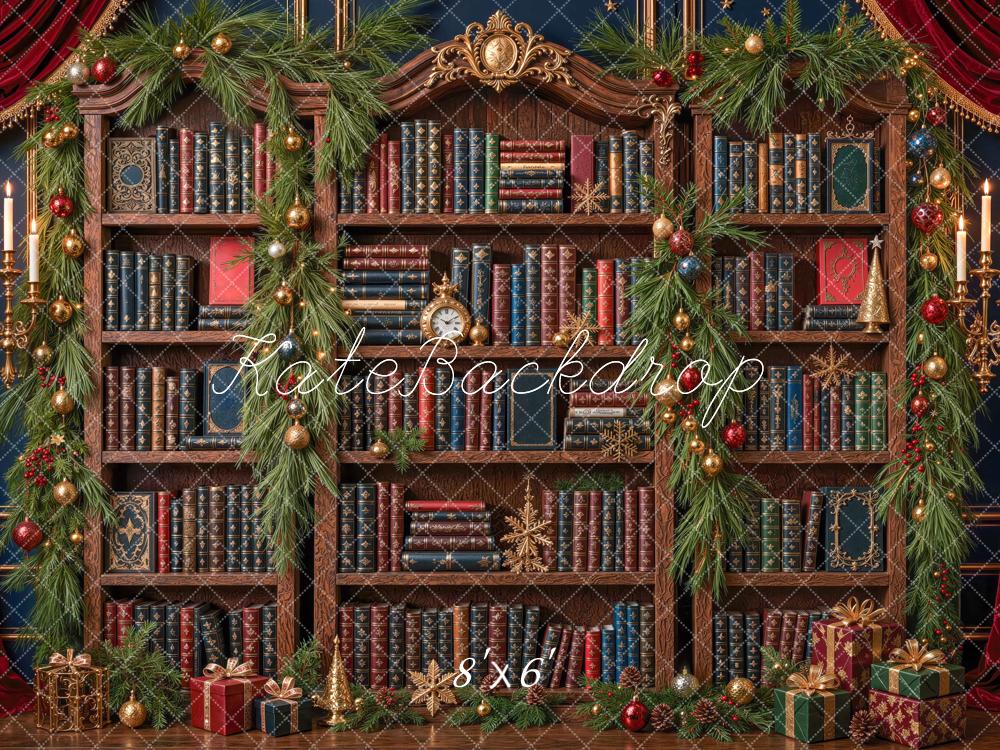 Kate Christmas Vintage Library Bookshelf Garland Printed Backdrop Designed by Mini MakeBelieve