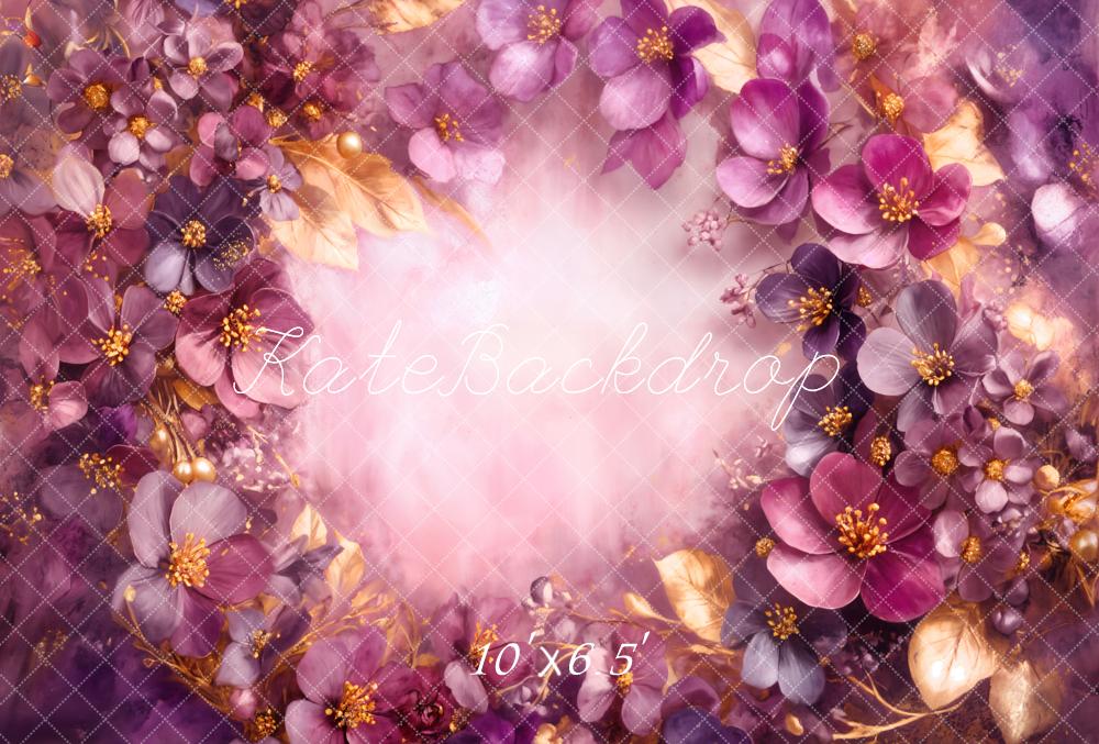 Kate Fine Art Purple Floral Gold Leaves Backdrop Designed by Emetselch