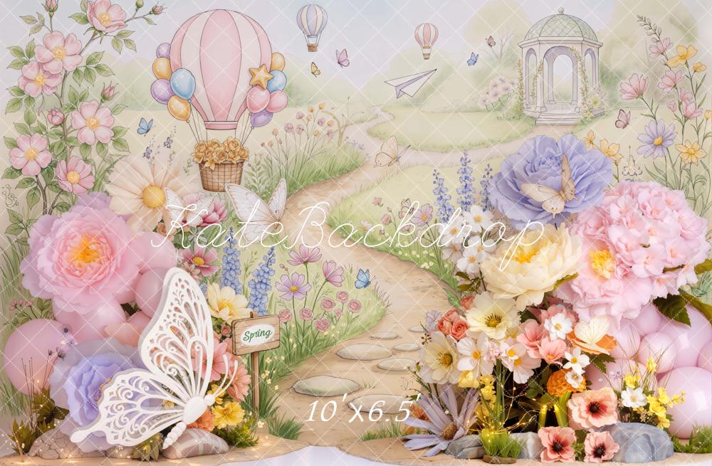 Kate Spring Butterfly Hot Air Balloon Floral Pathway Printed Backdrop Designed by Emetselch