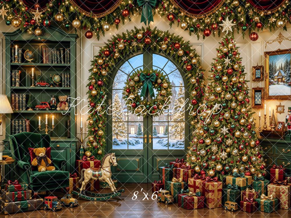 Kate Christmas Tree Green Bookcase Gifts Wreath Toys Printed Backdrop Designed by Mini MakeBelieve