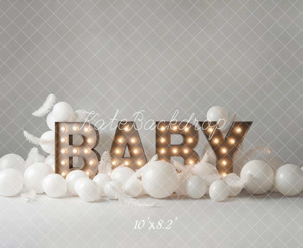 Kate Birthday Baby Marquee Letters White Balloons Feathers Backdrop Designed by Emetselch