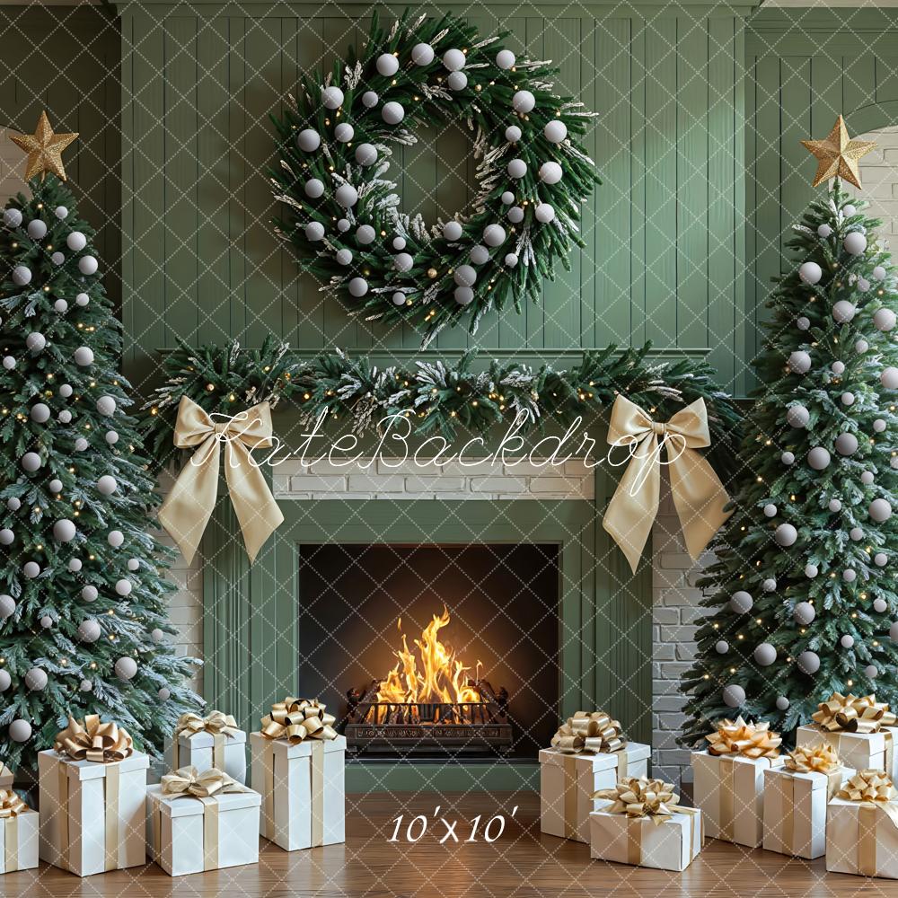 Kate Christmas Fireplace Tree Wreath Presents Gifts Green Backdrop Designed by Mini MakeBelieve