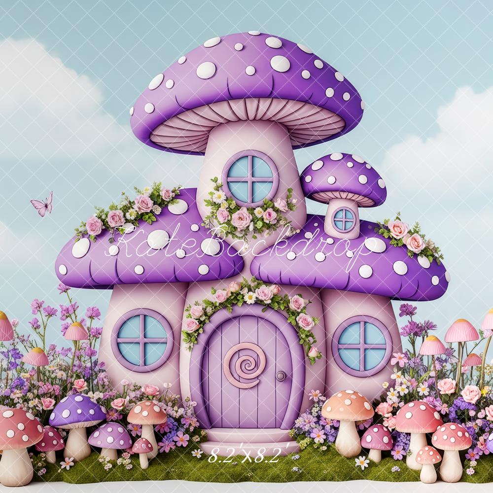 Kate Fairy Fantasy Purple Mushroom House Flowers Printed Backdrop Designed by Patty Roberts