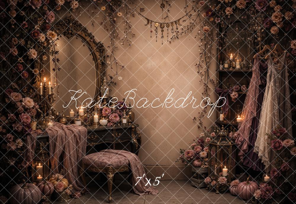Kate Halloween Gothic Witches Dressing Room Mirror Floral Pumpkins Printed Backdrop Designed by Jordan Moon
