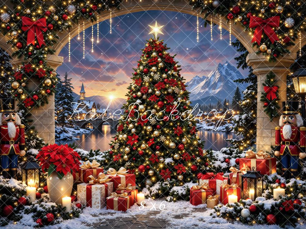 Kate Christmas Tree Nutcracker Presents Archway Snowy Village Printed Backdrop Designed by Mini MakeBelieve