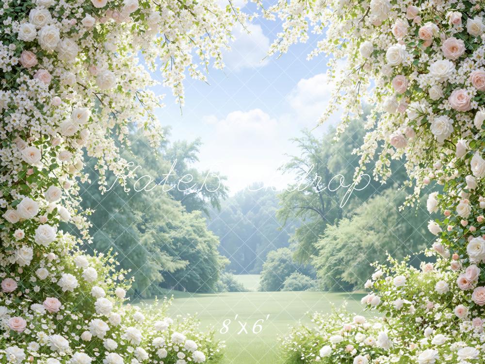 Kate Summer Flower Arch White Pink Roses Garden Printed Backdrop Designed by Mini MakeBelieve