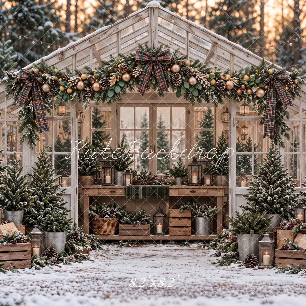 Kate Christmas Greenhouse Snowy Trees Garland Rustic Woodland Printed Backdrop Designed by Emetselch