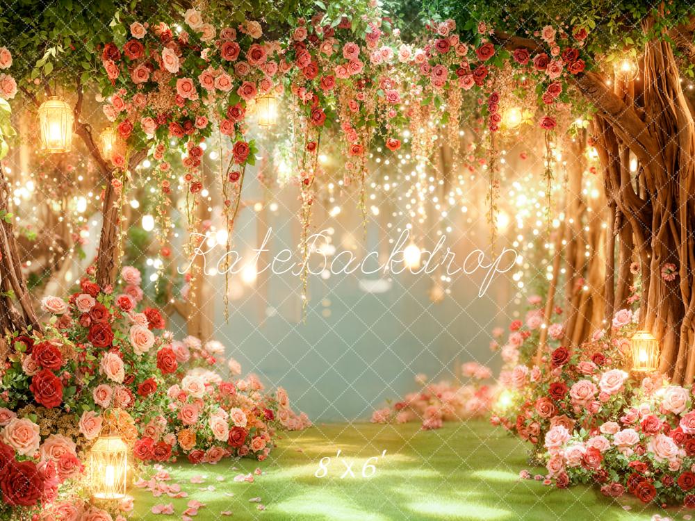 Kate Valentines Romantic Flower Arch Trees Fairy Lights Printed Backdrop Designed by Emetselch