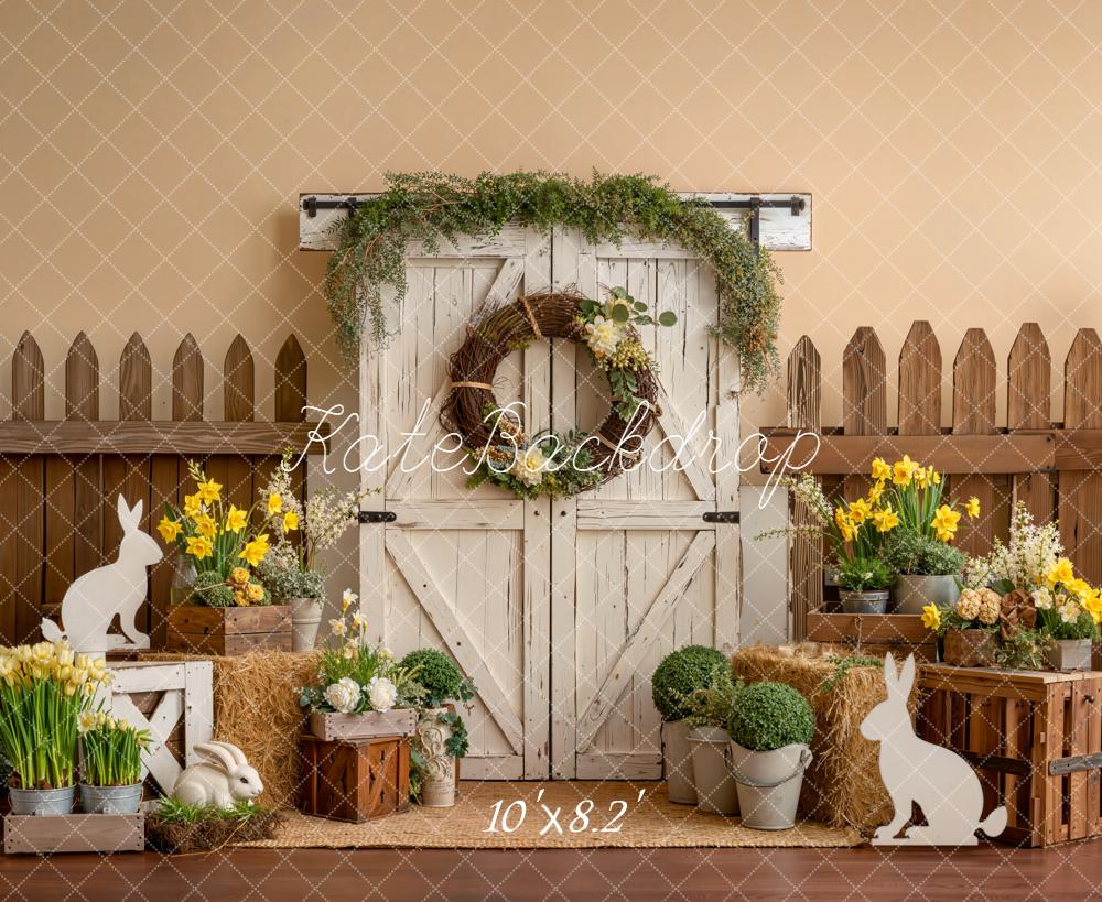 Kate Easter Bunny Barn Door Yellow Flowers Backdrop Designed by Emetselch